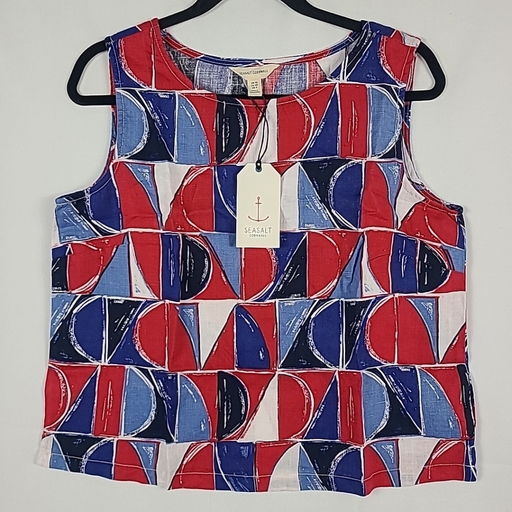 NEW Seasalt Cornwall 100% Linen Tank Blouse Red White Blue Sz US 8, UK 12 $118